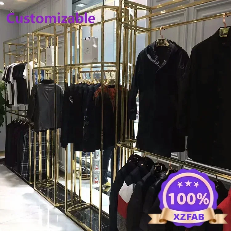 Factory Direct 2026 Simple Modern Simple Gold Stainless Steel Floor Stand High End Store Clothes Display Shelves