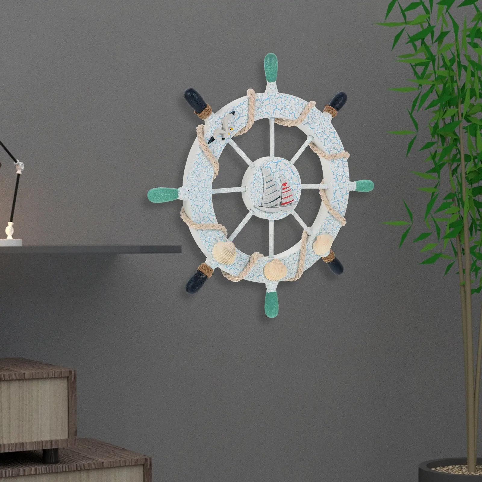 Mediterranean Style Wooden Rudder Wall Hanging Ornament Nautical Themed Decorative Pendant for Home Wall Art