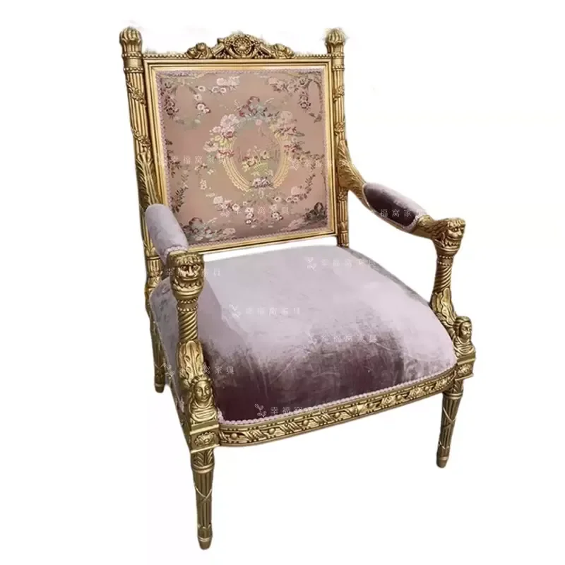 Vintage Solid Wood Carved Floral Single Sofa Chair Embroidered Armrest Leisure Reading Chair for Living Room Exhibition Hall