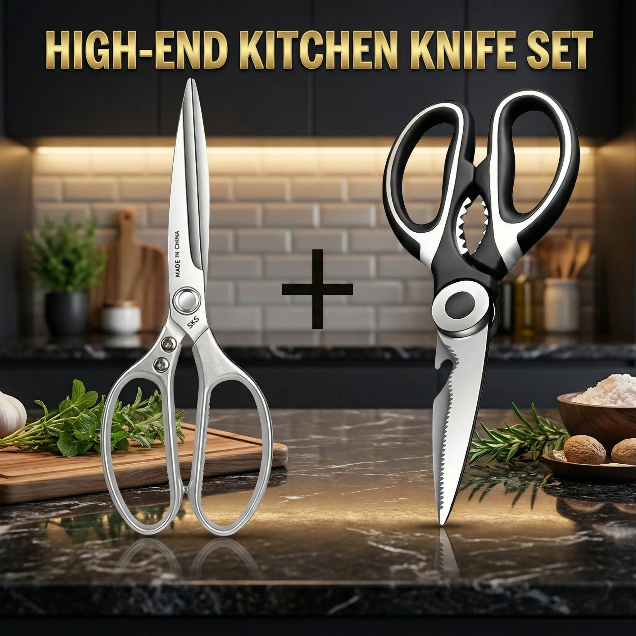 New Upgraded Multi-Tasking Kitchen Knife Set Barbecue Shears Stainless Steel Kitchen Scissors for Bone, Meats，and Walnut Cutting
