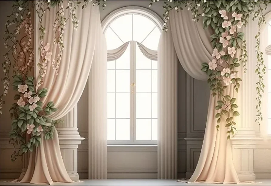 Photography Background White Window Curtain Floral Pregnant Women Wedding Birthday Portrait Decor Photo Backdrop Studio