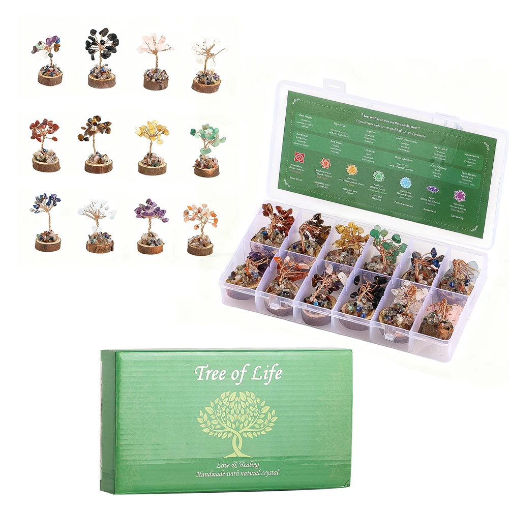 12 قطعة شقرا كريستال شجرة الحياة مجموعة التماثيل الحجر الطبيعي شجرة محظوظة صغيرة مع قاعدة خشبية الريكي شفاء فنغشوي ديكور المنزل