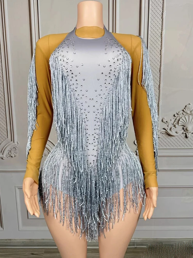 Hoge kwaliteit strass kwastje sjaal + sexy hangende nek elastische jumpsuit 2025, nieuwe modieuze aangepaste dameskleding