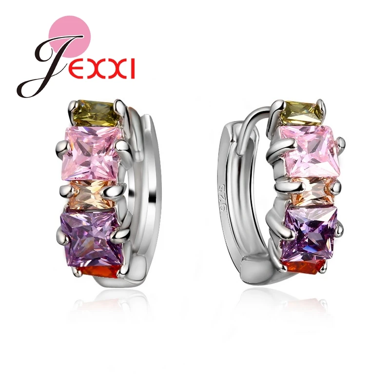 Charm 925 Sterling Silver Geometry Colourful Crystal Zircon Hoop Earrings for Women Girls Wedding Party Jewelry Gifts Accessory