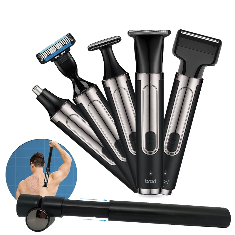 5 in 1 Rechargeable Men's Shaving Set Back Razor Shaver Groomer  Foldable Telescopic Rod  Nose Hair Trimmer Back Shaver Handle