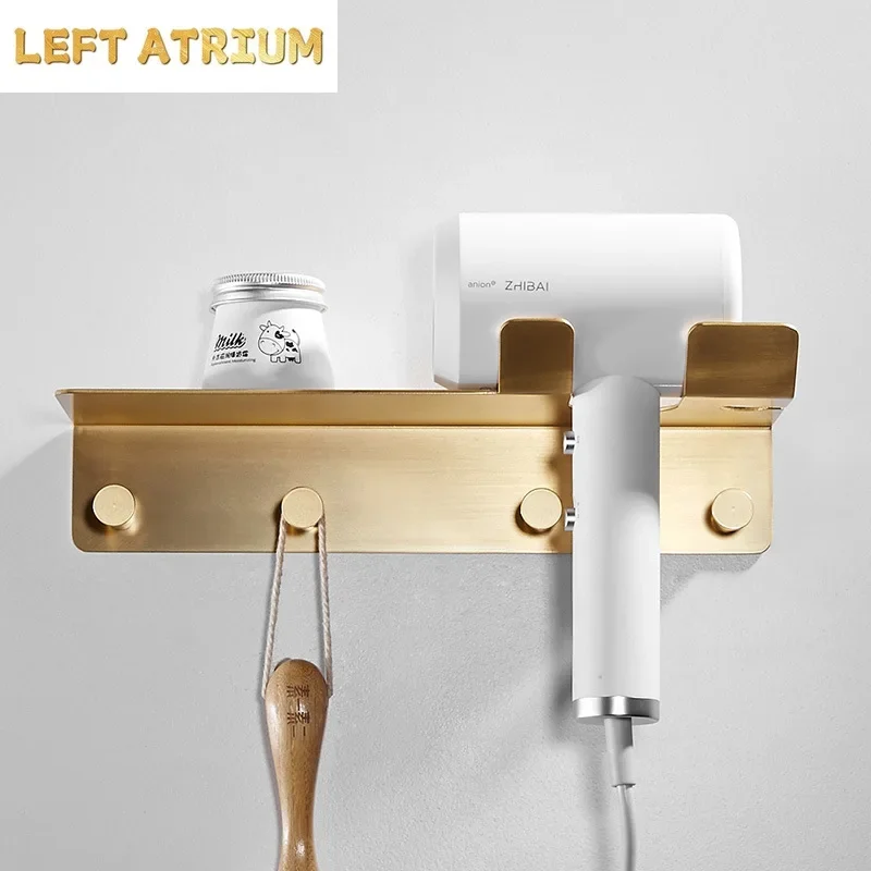 Brushed gold Brass Bathroom Hair Dryer Rack Households Hair Blow Dryer Holder Wall-mounted Bath Shelf Bathroom Accessories