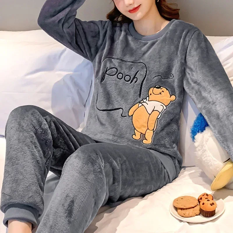 2Pcs/set facecloth ladies student pajamas women\'s round neck thickened warm cartoon bear campus homewear long sleeve long pants