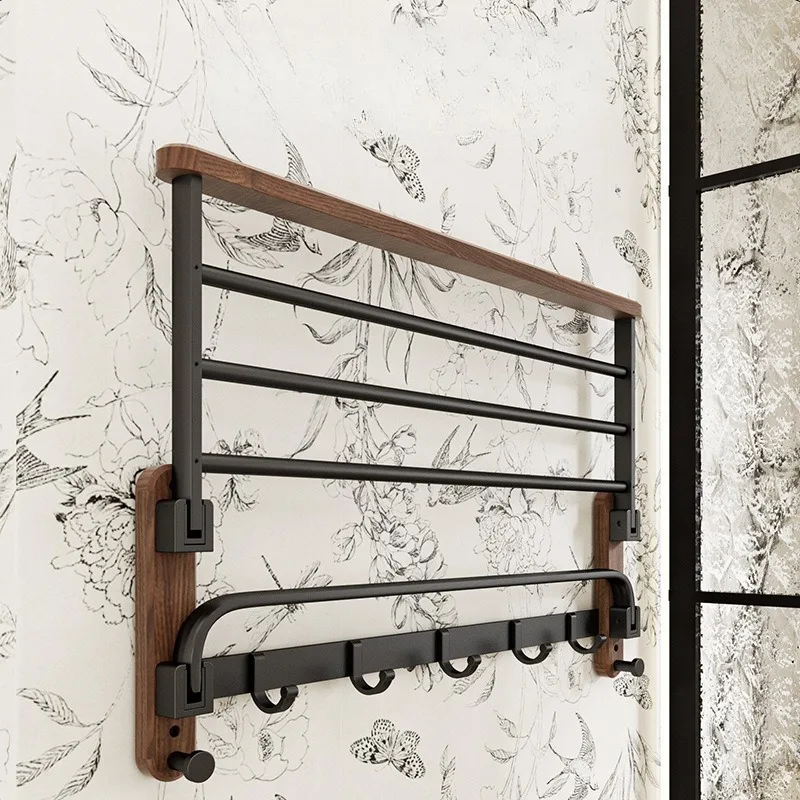 Walnut Wood Wall Towel Rack Aluminium Folding Multipurpose Towel Hanger Waterproof Bathroom Towels Holder Home Storage Racks