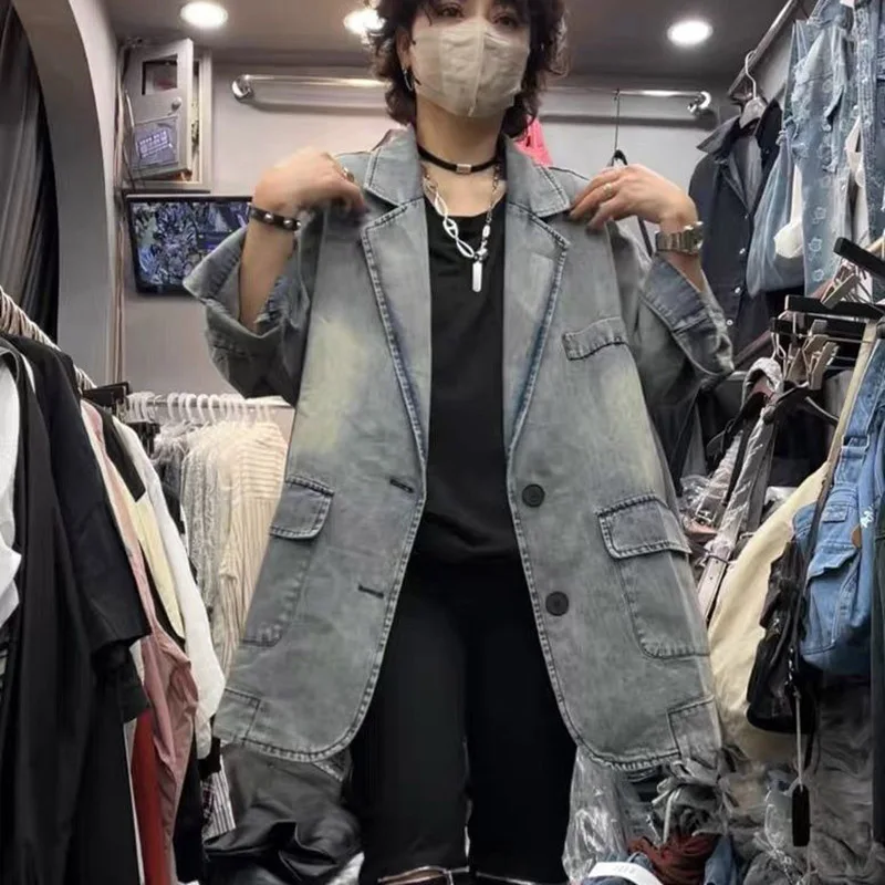 Korean Version Suit Coat Autumn New Women Vintage Trend Outerwear Single Breasted Long Sleeve Loose Casual Denim Jacket