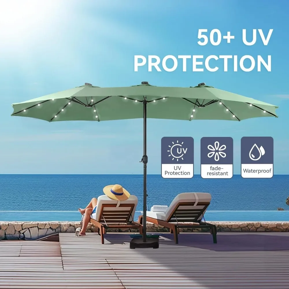 Large Patio Umbrella, 15ft with Solar Lights and Base, Crank, for Pool Deck Garden Backyard, Square Outdoor Shade Umbrella