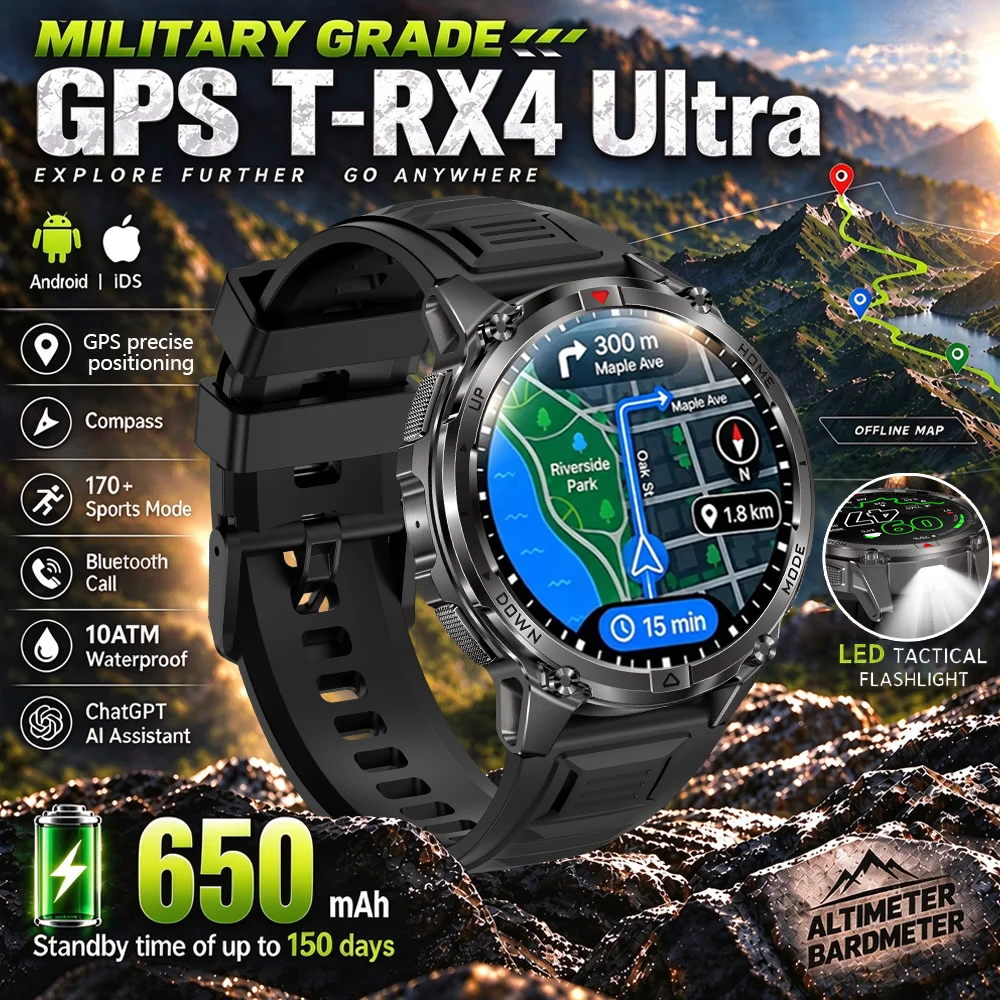 2026New T-RX4 Ultra GPS Smart Watch For Men 6-star GPS Positioning 10ATM Waterproof 650mAh Battery Compass 170+Sports Smartwatch