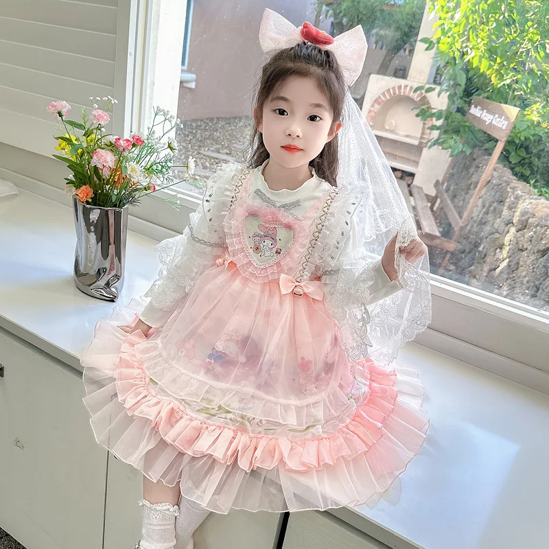 

Аниме-платье My Melody для девочек в стиле Лолита с вышивкой и тюлевыми слоями, детская юбка с оборками Kuromi, костюм принцессы, праздничное платье, подарки