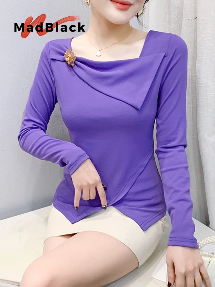 MadBlack-Women ยุโรปเสื้อยืดเซ็กซี่ Skew COLLAR Patchwork,VINTAGE แขนยาว Slim ไม่สม่ําเสมอ TEE,2025 ฤดูใบไม้ผลิใหม่ T53222CC