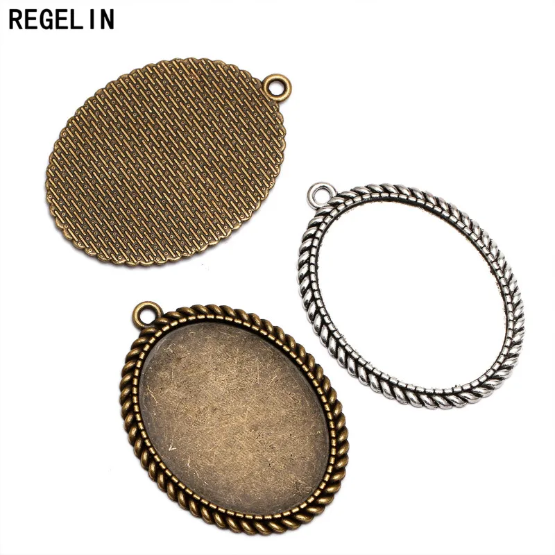 REGELIN Antique Flower Lace Pendant Charms Base Settings 5pcs Cabochon Cameo Tray Bezel Blank 30*40mm Cabochons DIY Necklace