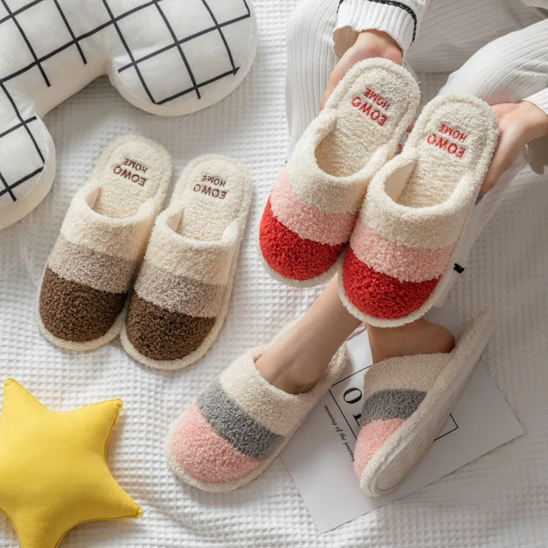 Mix Color Home Fluffy Slippers Women Winter Closed Toe Faux Fur House Slippers Woman Comfort Soft Sole Non-Slip Indoor Slides