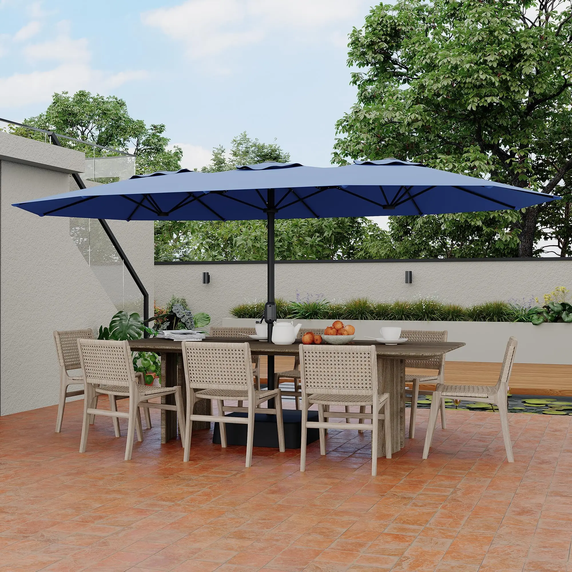 

15ft Patio Umbrella With Base, Double-Sided Rectangular Outdoor Umbrella For Backyard Deck Garden Poolside