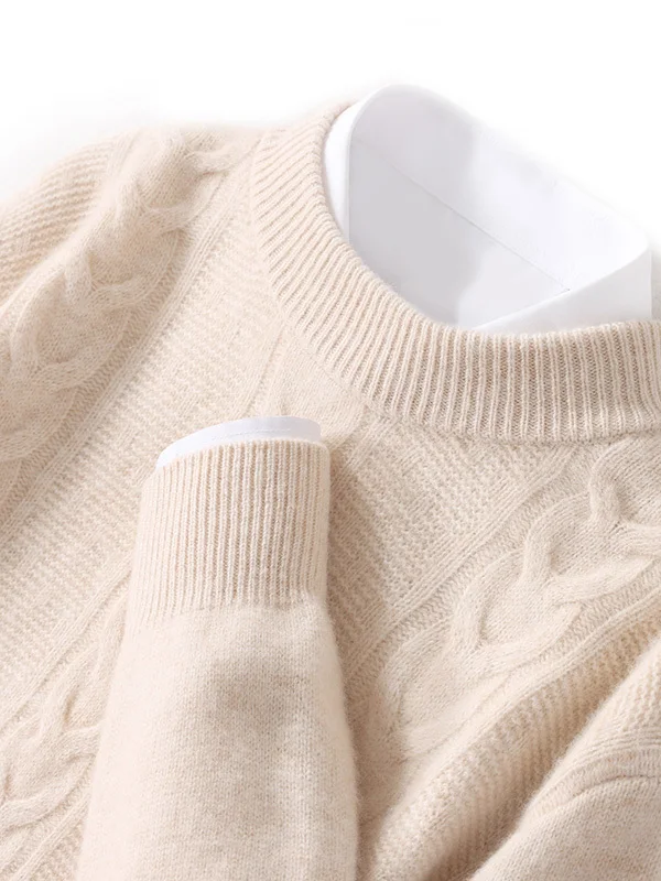 Autumn Winter Thickened Twisted Cashmere Sweater Men's Long Sleeve Loose Versatile Knitted Base Shirt Top Soft Woolen round Neck
