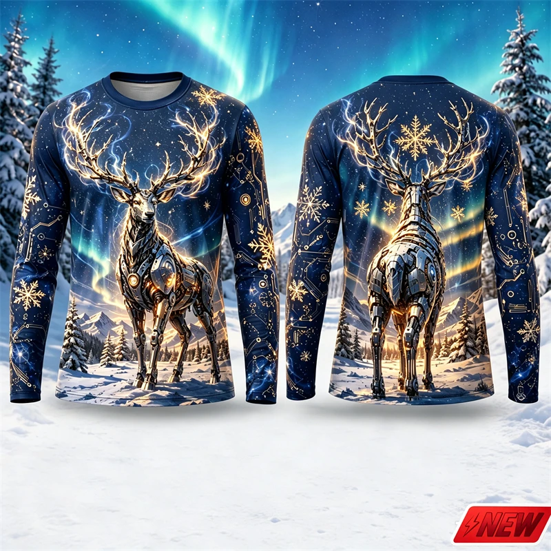 Christmas Long Sleeve T Shirt Men 3D Print Mechanical Robot Reindeer Snow Mountain Pattern Tee Xmas Holiday Daily Unisex Top