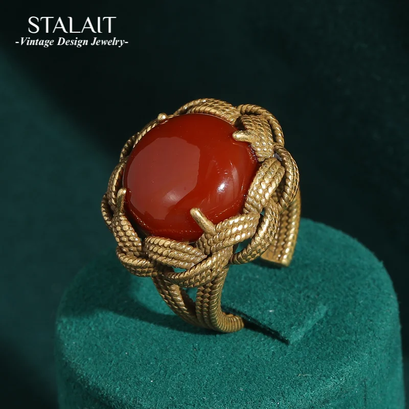 Винтажные кольца золотого цвета с красным агатом, круглые кольца из натурального античного плетения, аксессуары для женщин, роскошные качественные ювелирные изделия для вечеринки 2025 Винтажные кольца золотого цвета с красным агатом, круглые кольца из натурального античного плетения, аксессуары для женщин, роскошные качественные ювелирные изделия для вечеринки 2025
