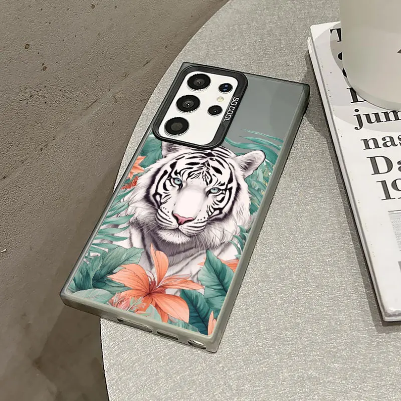 

For Samsung Galaxy S25 S22 Ultra Plus S24 S23 Ultra Plus FE S21 FE Laser Phone Case Ferocious Animal White Tiger Pattern Fundas