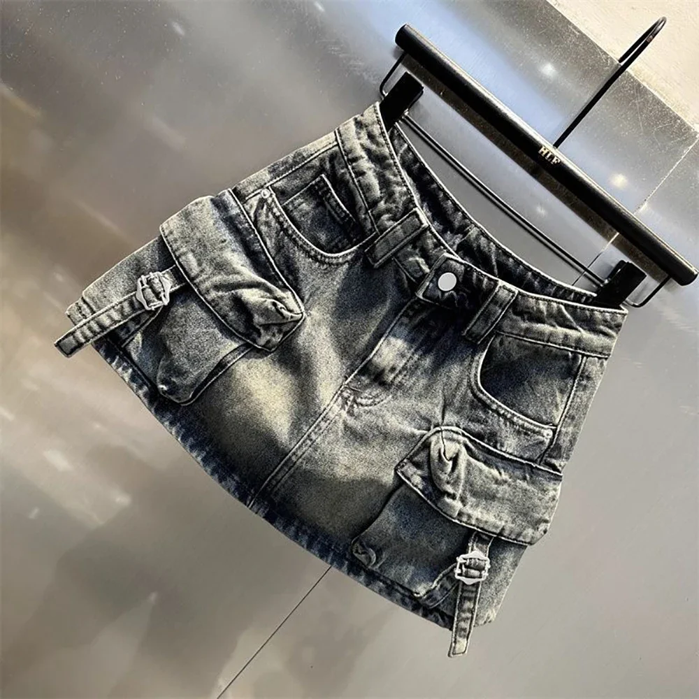 Women's Low Waist Button Bodycon Mini Cargo Denim Skirt with Pocket Summer New Anti-light A-word Hip Skirt