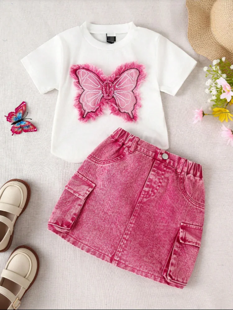 

Fashion Girls' Denim Skirt Set Sweet Butterfly Short Sleeve T-shirt Top + Washed Cowboy Half Skirt Girls Summer Set
