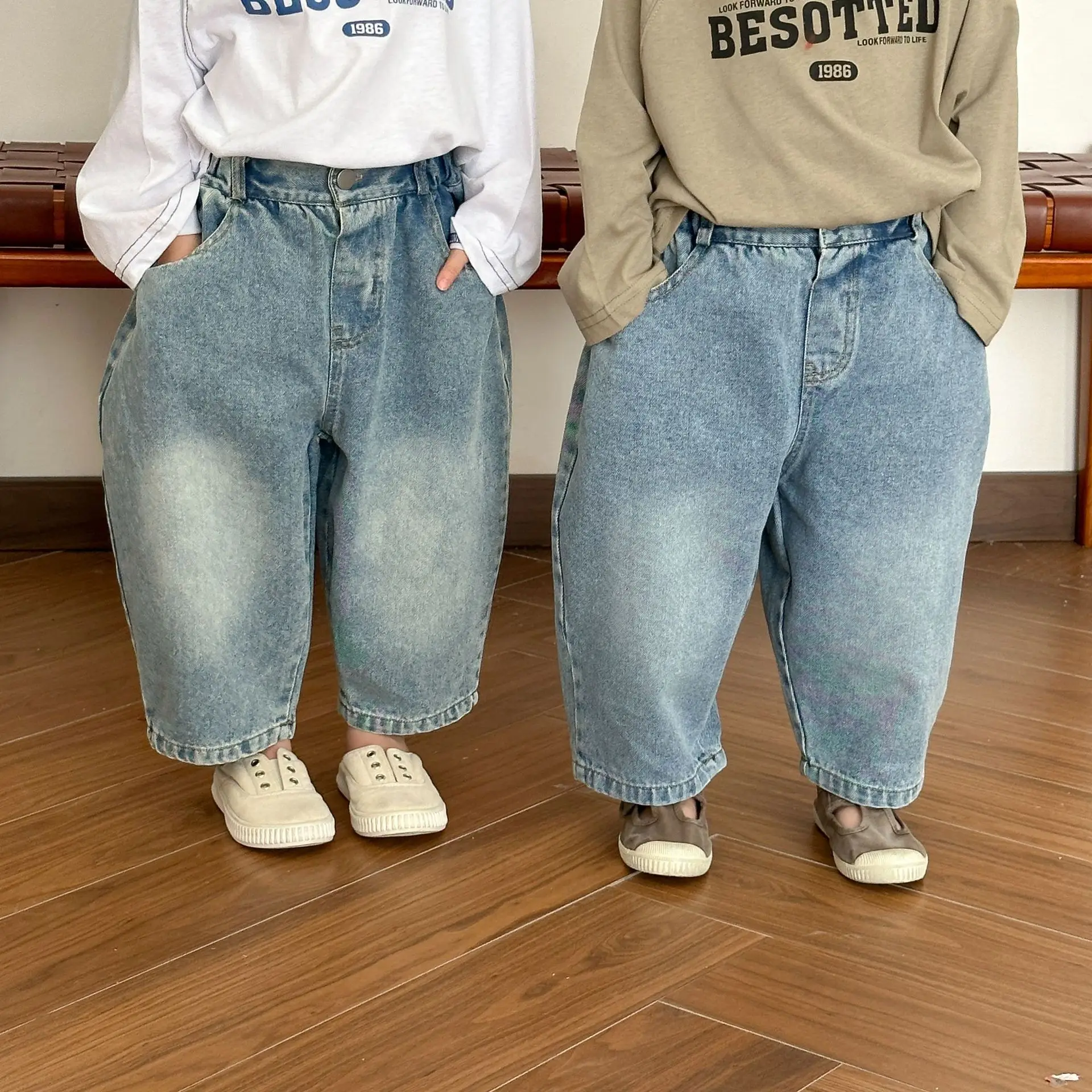 2025 Spring New Children Soft Denim Trousers Solid Boys Fashion Versatile Loose Jeans Girls Casual Pants Kids Clothes