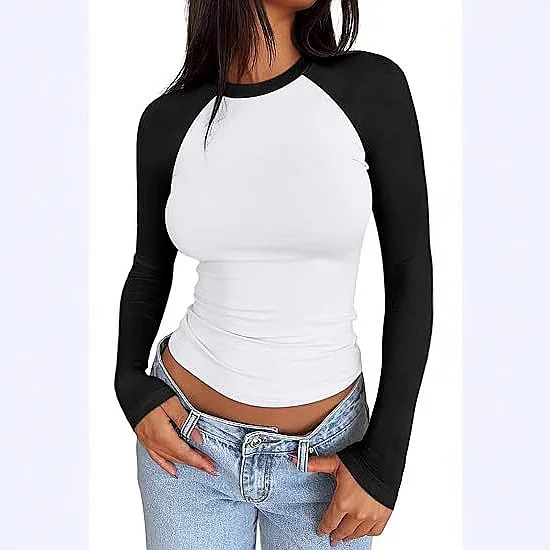 T Shirt Women Spring Summer Color Block Tee Blouse Fashion Slim Fit Tshirts