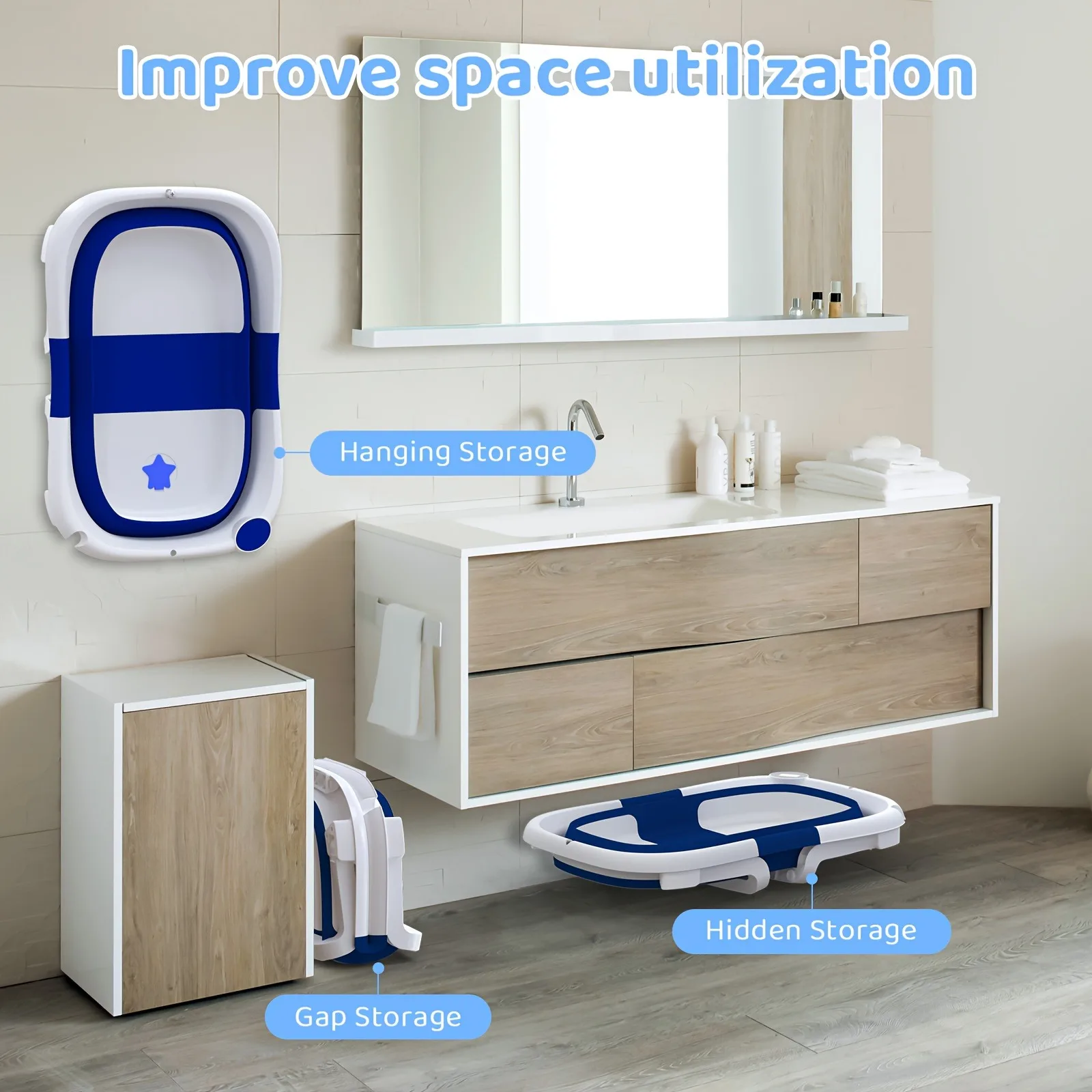 Baby Bathtub for Infants to Toddler, with Soft Cushion & Thermometer, Foldable Baby Bathtub, Portable Travel Baby Tub for Newborn