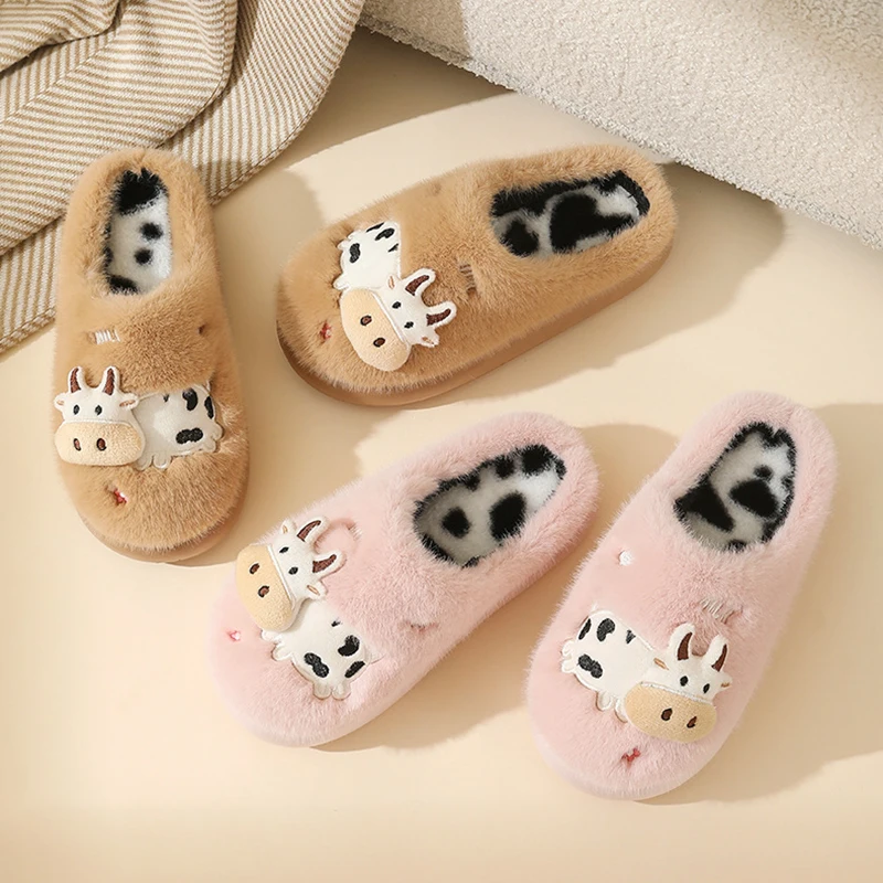 3D-Kuh-Plüsch-Hausschuhe für Damen, warme, flauschige Mules für den Winter, Mädchen-Freizeit-Hausschuhe, flauschige Fell-Slides, Unisex, weiche Plateausohle – Detail 20