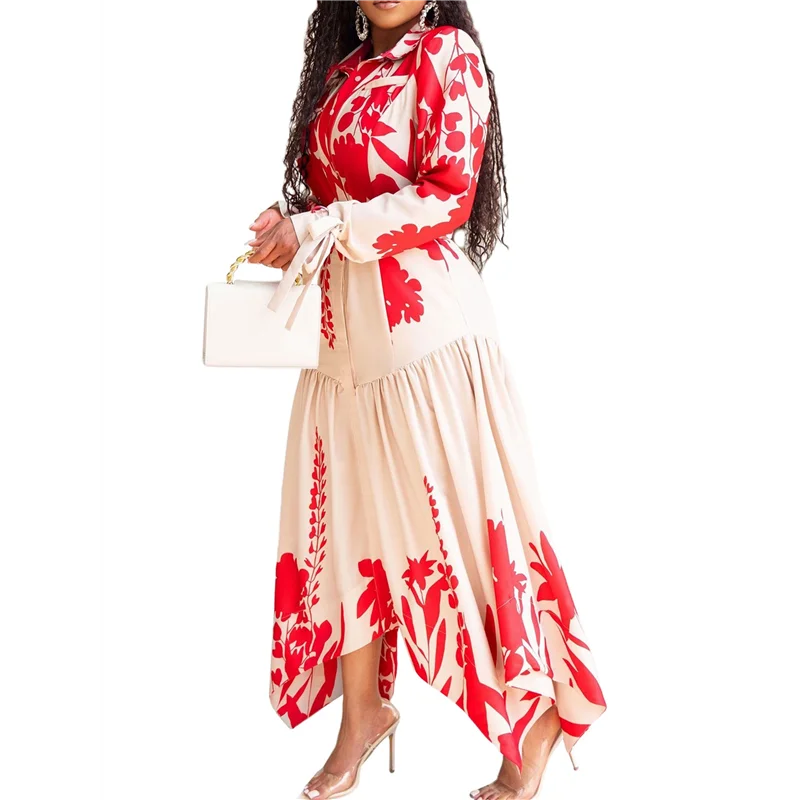 ABRT-여성 가을 ​​꽃 드레스 Boho 긴 소매 옷깃 미디 Sundress Flowy Dress