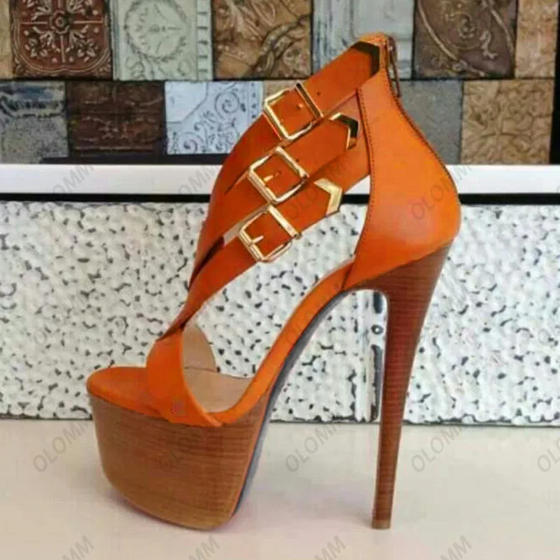 Olomm New Arrival Women Platform Sandals Buckle Strap Sexy Stiletto Heels Open Toe Beautiful Brown Casual Shoes US Size 5-20