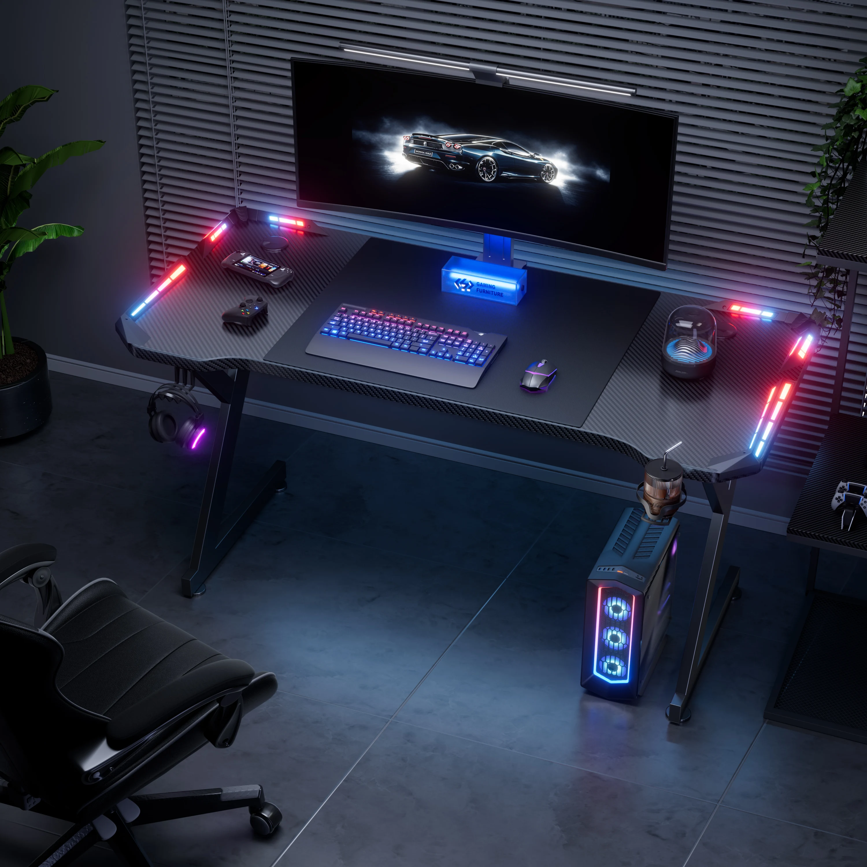 NEBMAAX Office Desk with Headphone Holder and Cup Holder; Ergonomic Computer Desk, Gaming Desk with LED Lighting; Suitable for Both Office and Home Use