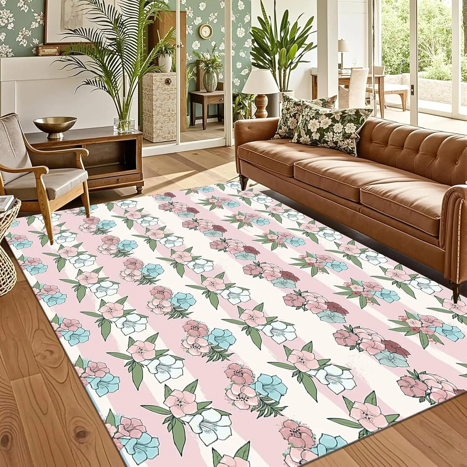 Machine Washable Floral Area Rugs,Pink Trumpet Flowers Rug with Non Slip Backing,Bohemian Pink White Blue Floral Girls Bedroom