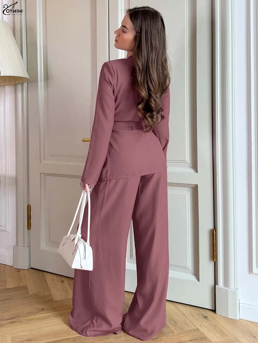 Oymimi أنيقة الوردي الداكن امرأة 2 قطعة مجموعة الزي عادية الخامس الرقبة طويلة الأكمام الدانتيل متابعة القمصان وبنطلون مستقيم بسيط مجموعات