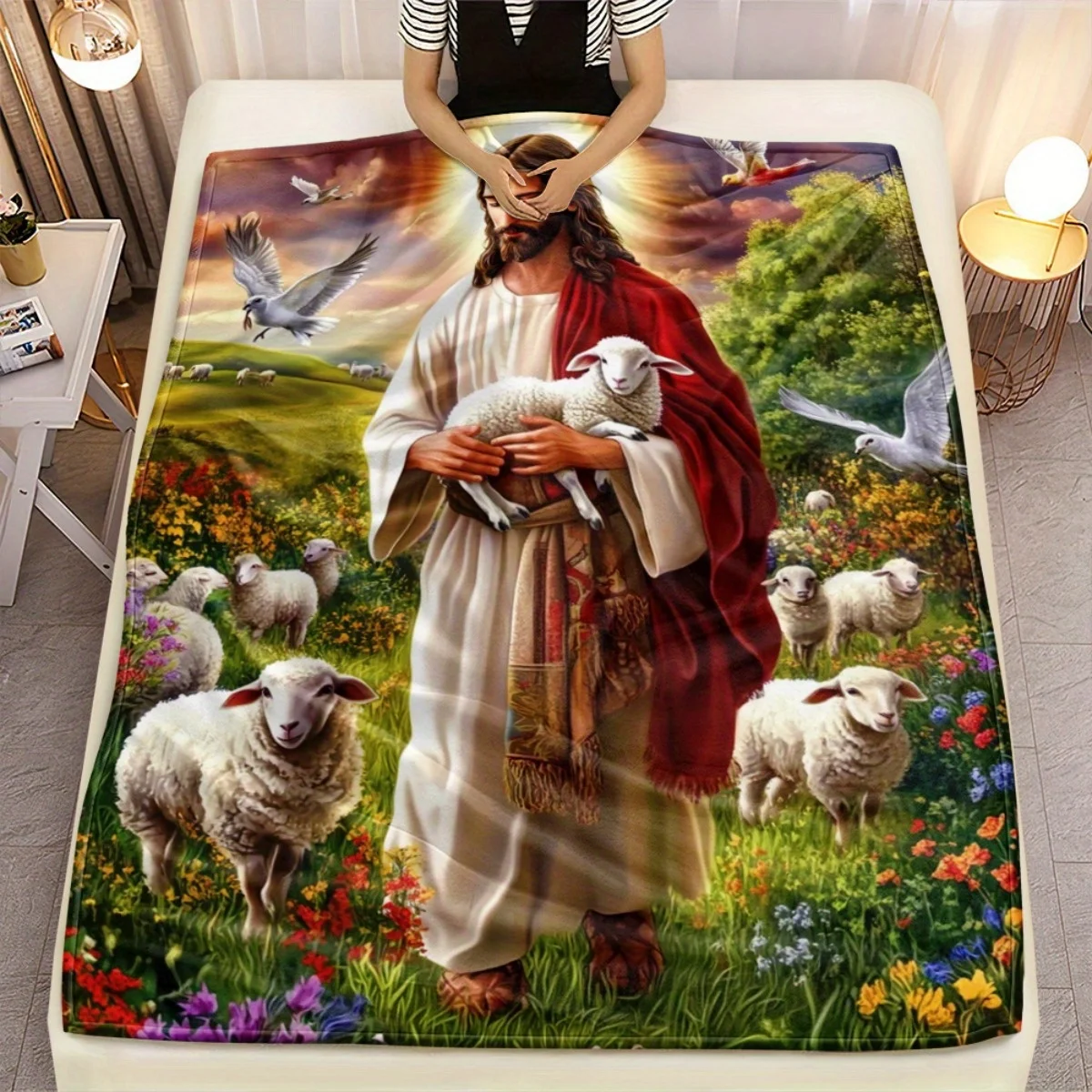 Divine Jesus Shepherd Lamb Blanket Throw Christian Gospel Religious Fleece Comforter Gift Home Decor Cozy Scripture Bible Theme
