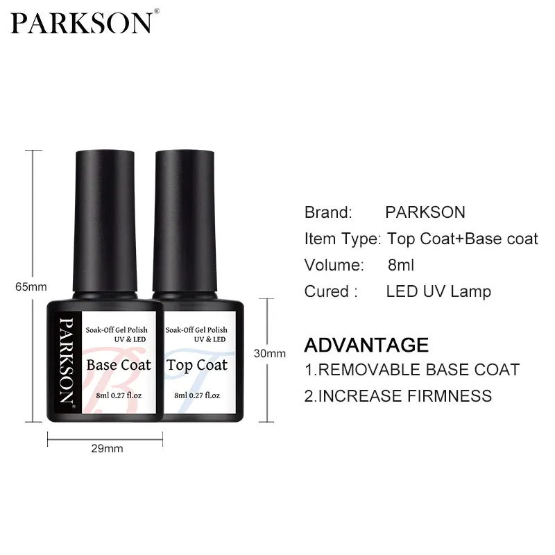 Parkson No Wipe Top Base Coat Smalto per unghie Design Enhancer Vernice Semipermanente Soak Off UV LED Strumento per nail art