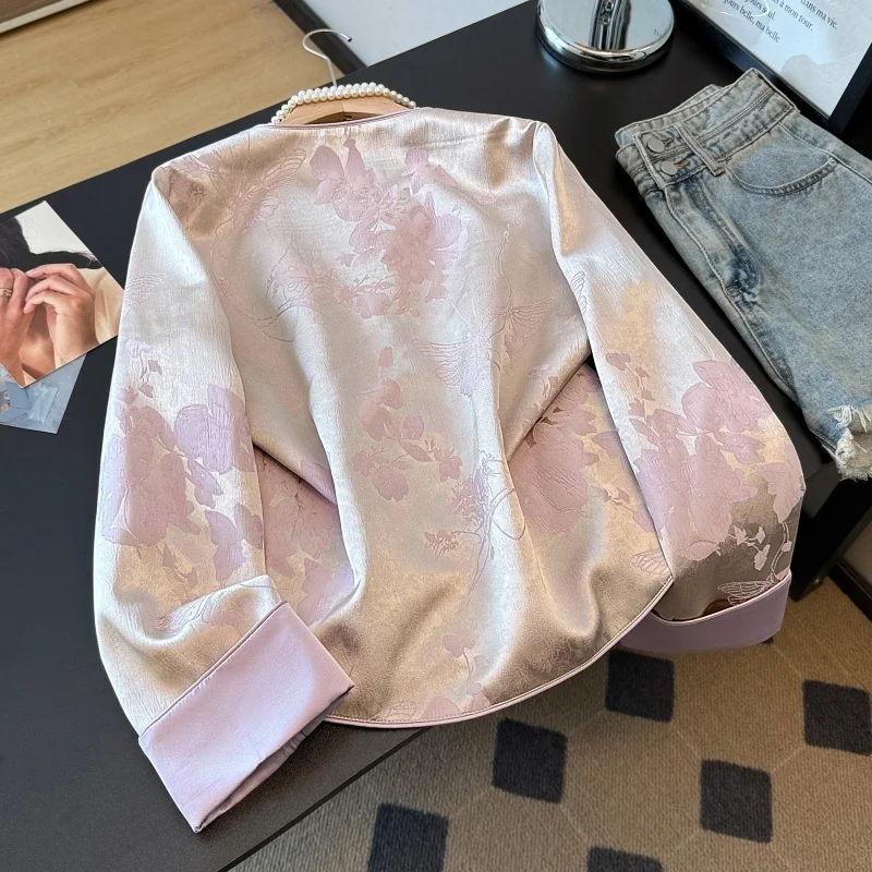Elegant Chinese Style Tang Suit Autumn New Heavy Embroidery Floral Long Sleeve Shirt Turn-down Cuff Women's Ethnic Fashion