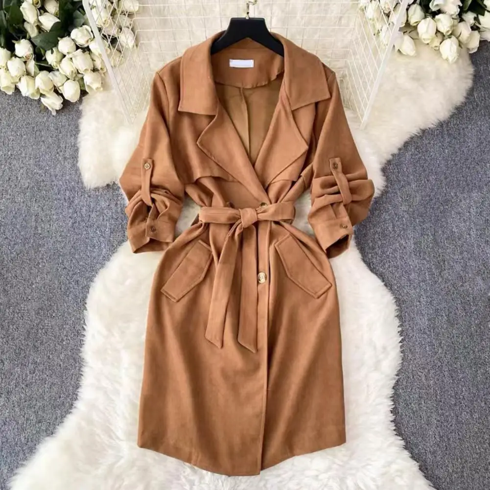 Solid Color Dress Elegant Lace-up Overcoat Dress for Women with Turn-down Collar V Neck Stylish Slim Fit Long Sleeve Coat