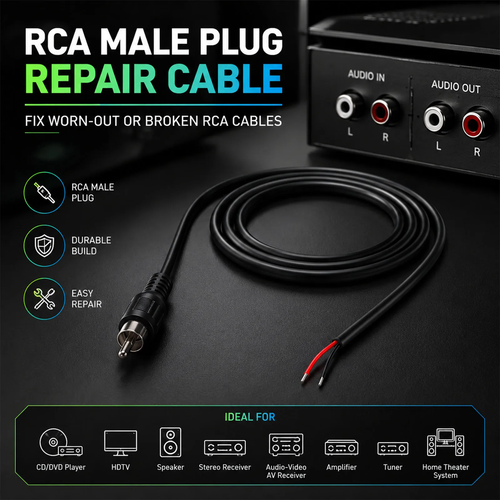 2Pcs RCA Male Plug Jack to Bare Wire Cable Repair Cord For CD DVD Player Tuner Amplifier Audio Speaker Subwoofer HDTV Cable 1m