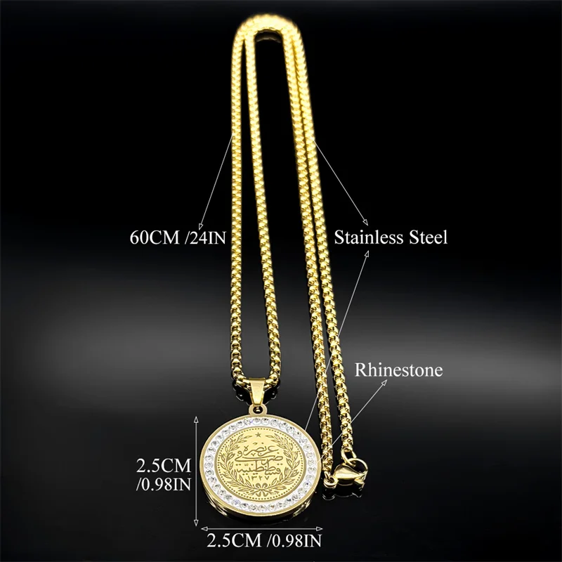 Allah Muslim Islam Quran Medal Necklace for Women Men Rhinestone Stainless Steel Gold Color Arabic Amluet Bless Chain Jewelry view 6