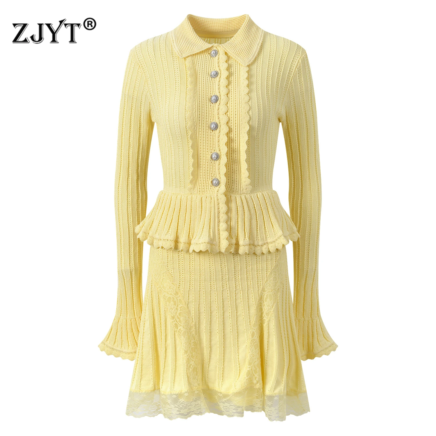 

ZJYT Spring Autumn Women's Knitted Dress Sweaters Elegant Long Sleeve Ruffles Lace Patchwork Short Party Dresses Sweet Casual