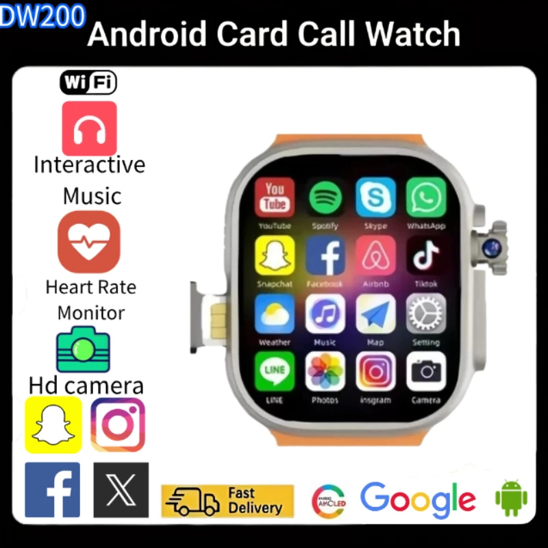 Montre connectée réseau DW200 avec carte SIM, caméra rotative, Android 9.0, Bluetooth, GPS, Play Store, version mondiale, montre intelligente pour hommes