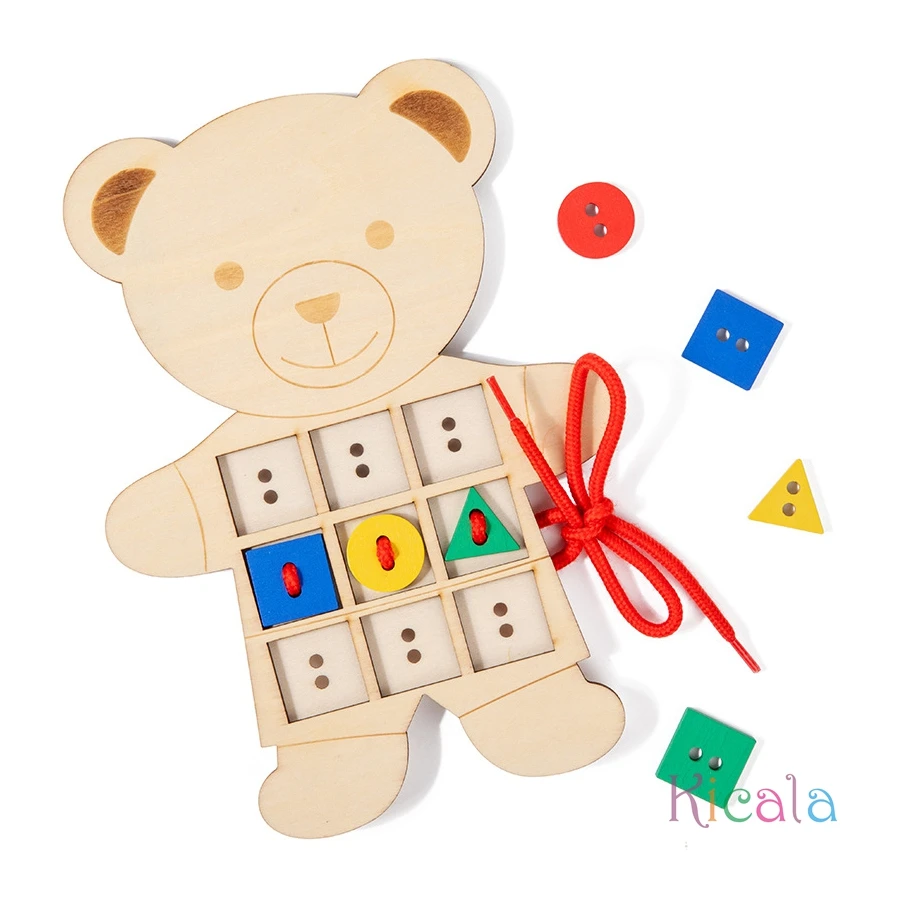 Juguete de oso con cordones de madera con tarjetas de patrón, juguete de aprendizaje de costura, clasificación de colores, juguete de matemáticas Montessori, regalos de juego para niños pequeños