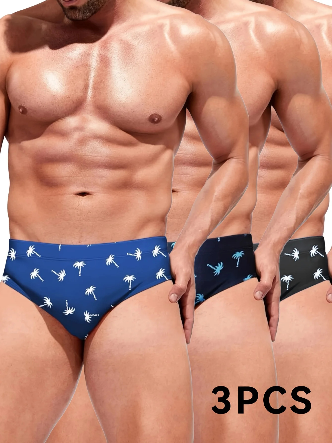 

Three Pieces, Men's Coconut Tree Pattern Drawstring Briefs, Men's Swimwear, Summer Beach Swimming Shorts