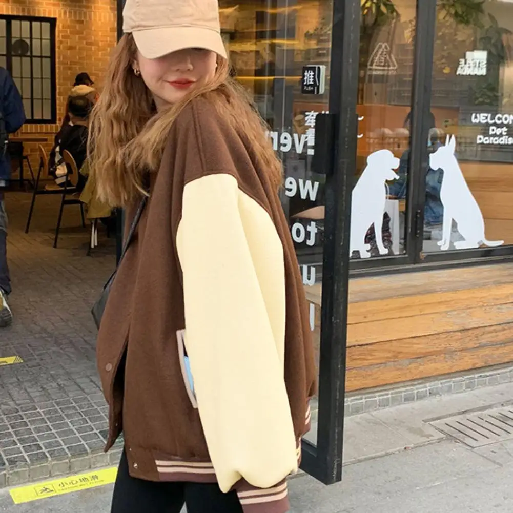 Women Jacket Retro American Style Baseball Coat for Women Men with Elastic Cuff Hem Stand Collar Color Matching for Couples