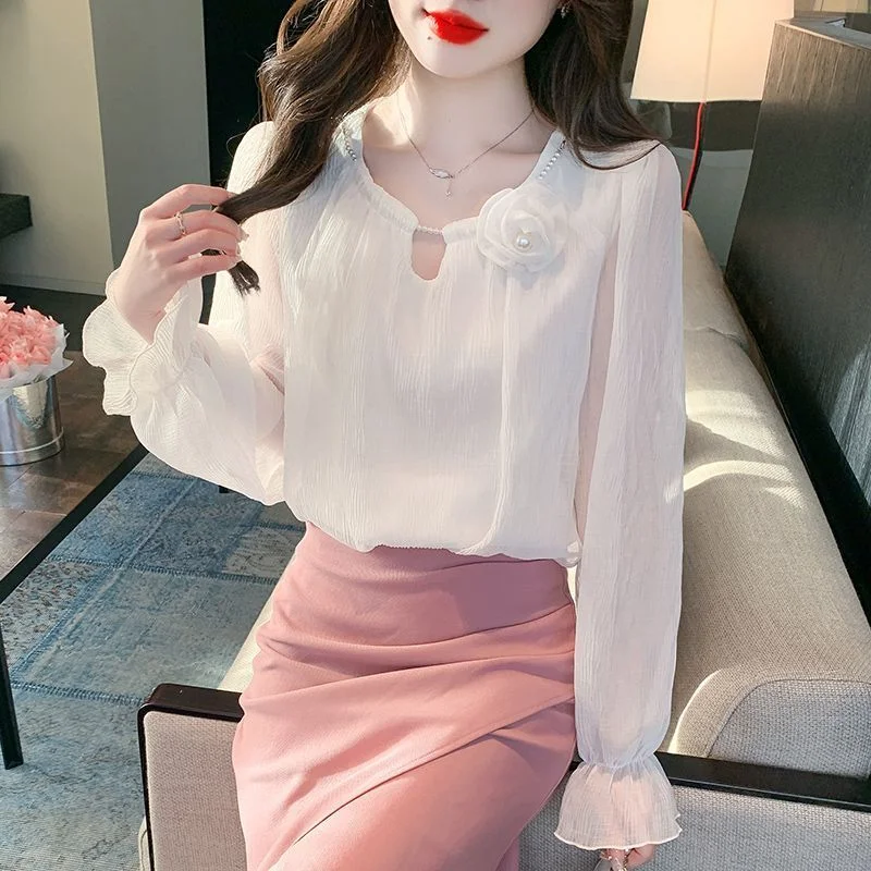 

French Flared Sleeves Temperament Long Sleeve Chiffon Shirt Women's Top