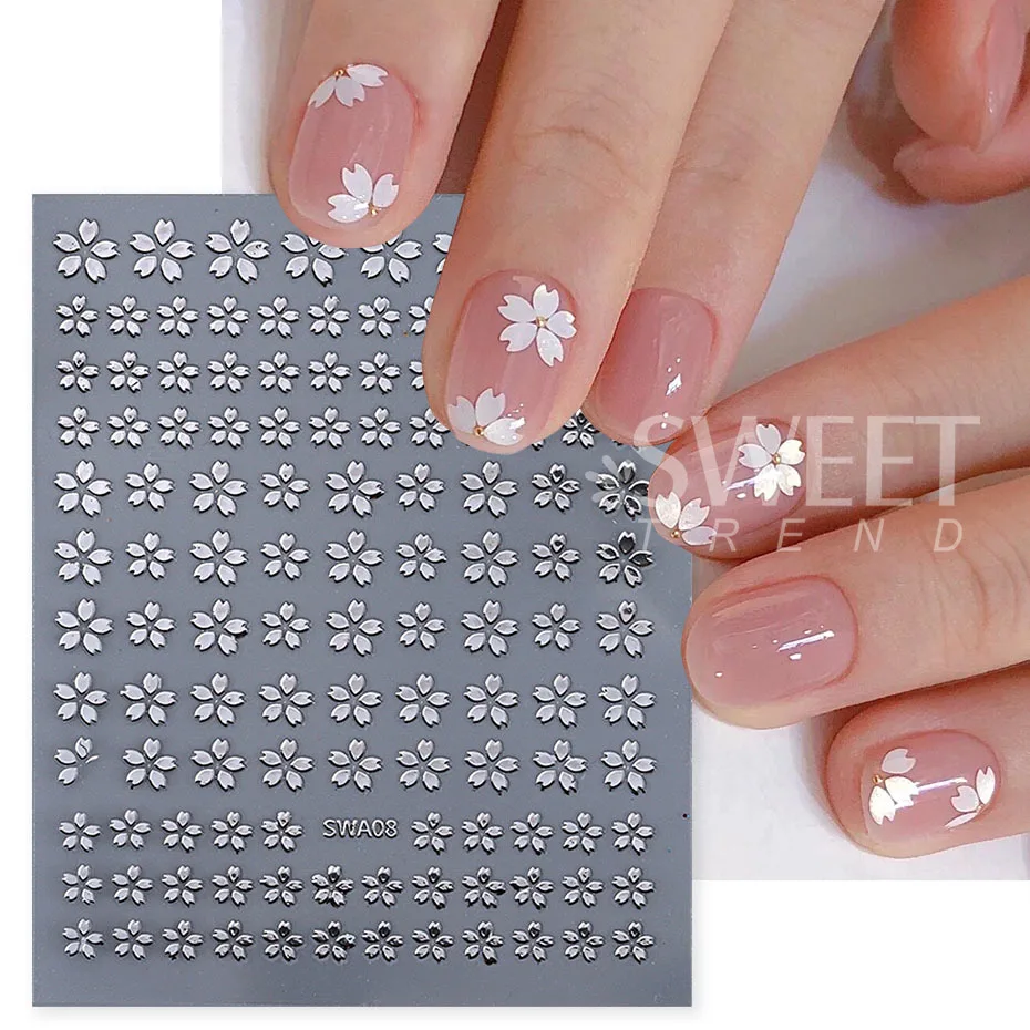 Holographic Sakura Flower Nail Sticker Cherry Blossom Petal Design Silver Gold Floral DIY Charm Decal Decor Manicure Foils Wraps