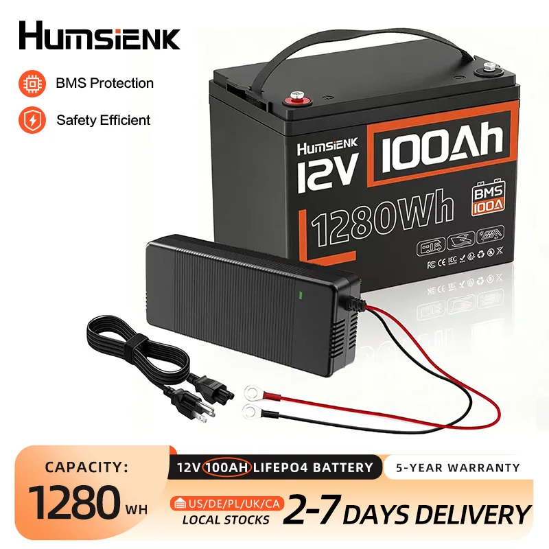 

Литиевая батарея Humsienk LiFePO4 12V 100AH с BMS 100A, 1280Wh, с зарядным устройством для автодомов/фургонов/электромоторов/автономных систем/кемпинга/UL 1973