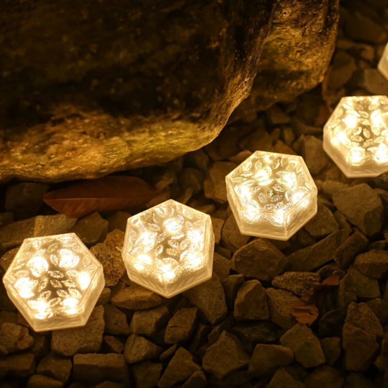 4Pcs Solar Deck Lights Outdoor Waterproof Garden Lights Courtyard Step Hexagonal Buried Lighting Decor (Warm White)